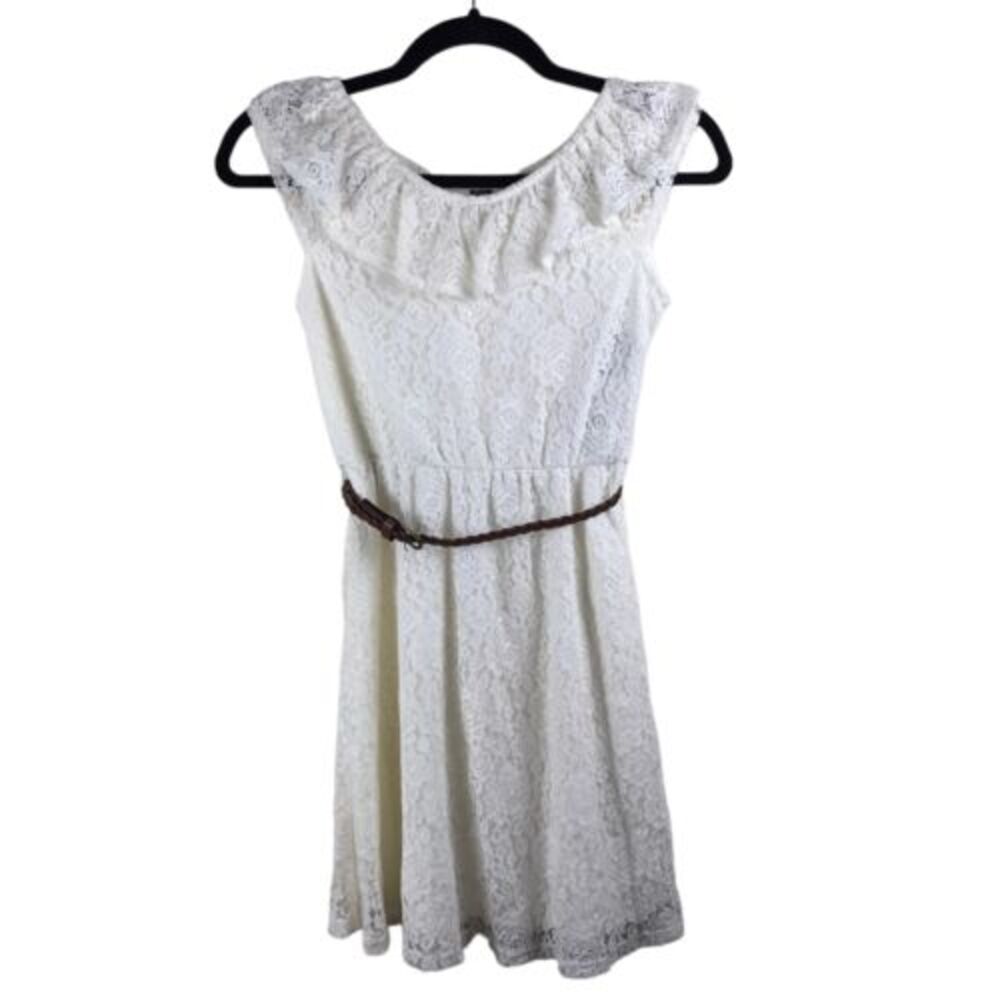 Star Ride Dress Girls Medium 10/12 Ivory Off White Ruffled Lace Overlay Belted